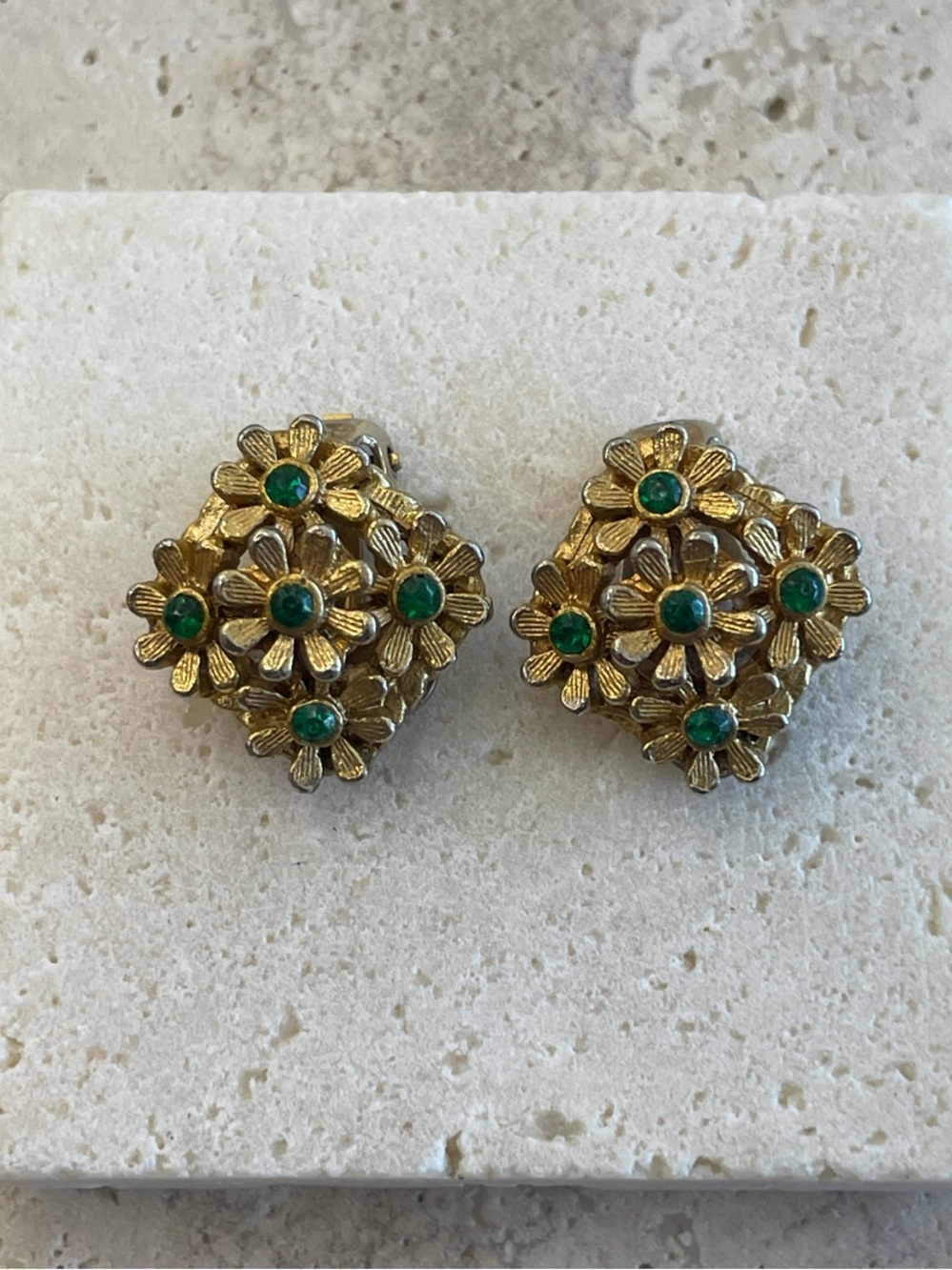 Vintage Gold Flower Cluster Earrings with Green Stones